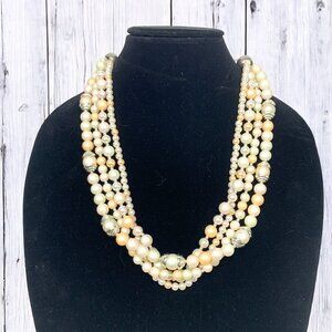 Elegant Quadruple Strand Faux Pearl Necklace White Cream Coral Mid Length 26"L